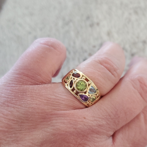 10K Yellow Gold Multi Gemstone Ring Wide Band Peridot Garnet Topaz Amethyst 4g+ - Picture 8 of 13